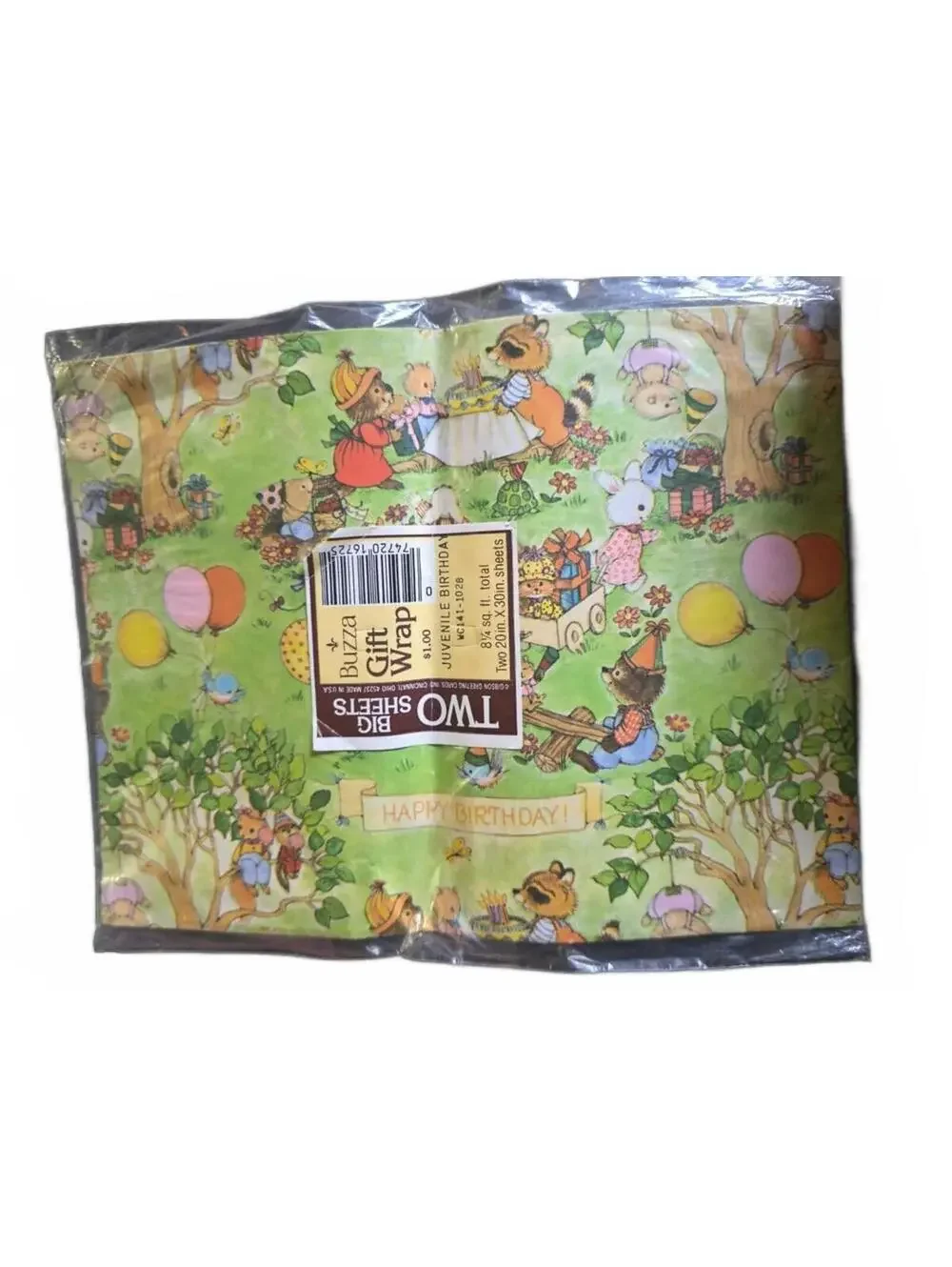 Vintage Buzza Juvenile Birthday Gift Wrap Two Big Sheets 20x30in Animals Green